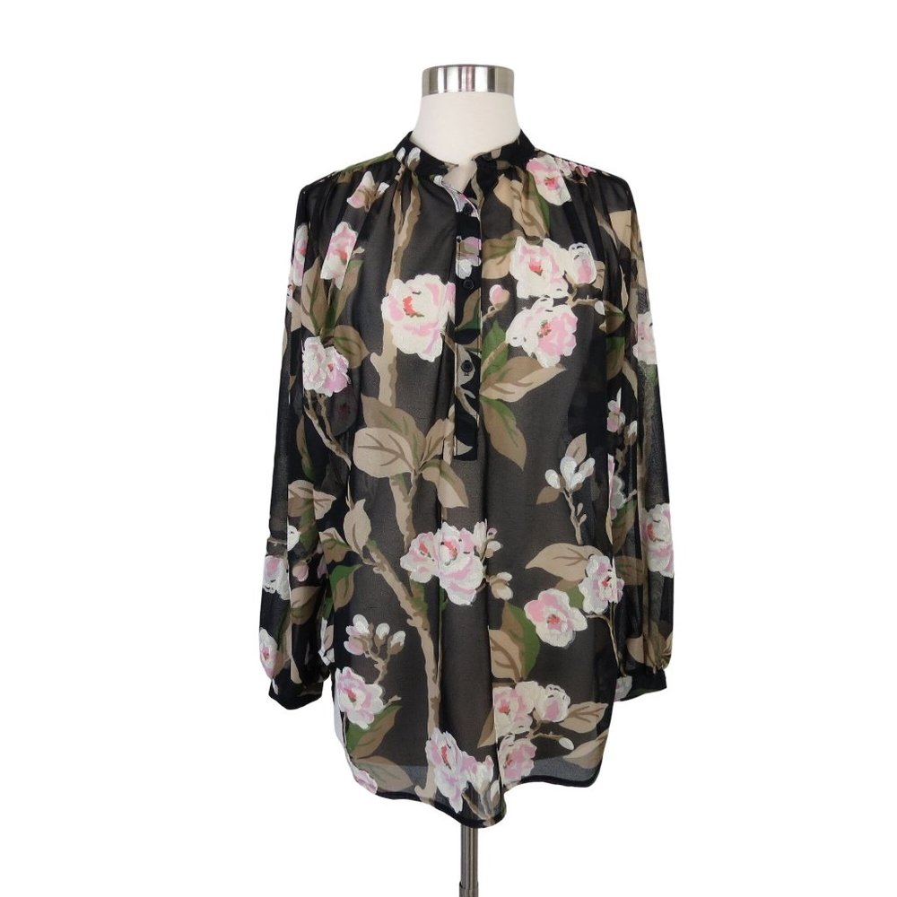 Vintage ELLES BELLES 1970s Black Romantic Neutral Floral Peasant Blouse Size M